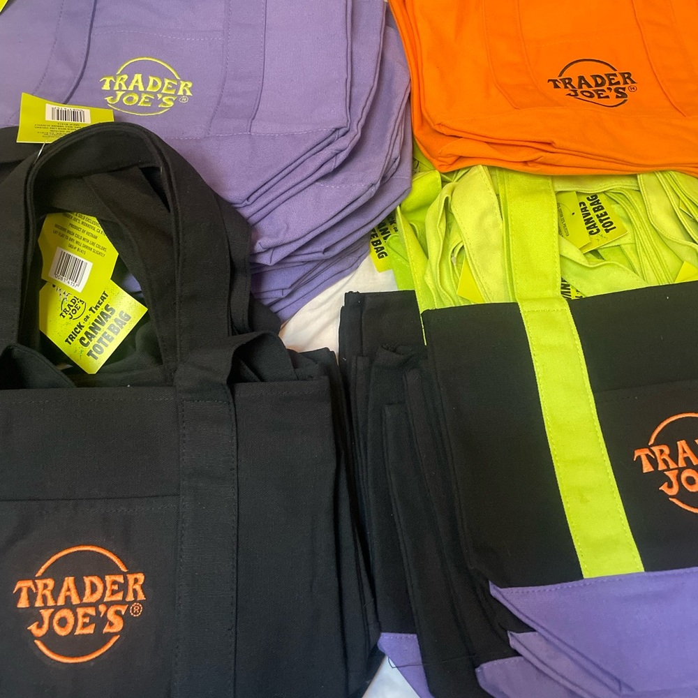 Trader Joe's Canvas set of 4 Tote Bags - Purple and Black, Purple, Orange